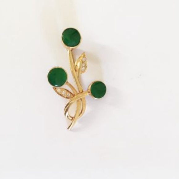 14K Solid Yellow Gold Jade Brooch Pin - Picture 1 of 5